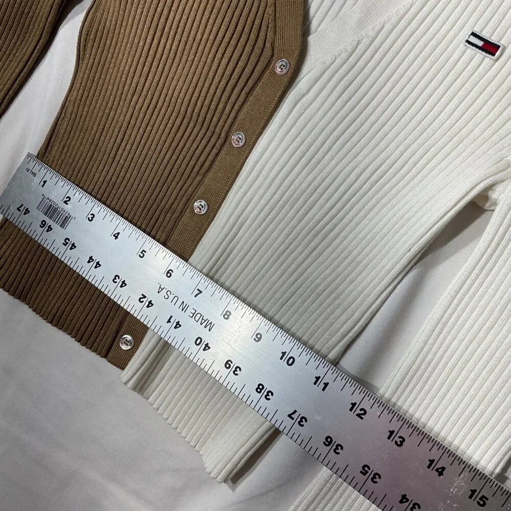 Tommy Jeans Two-Tone Ribbed Knit Button-Up  Size S Cardigan In White & Brown - Picture 8 of 10